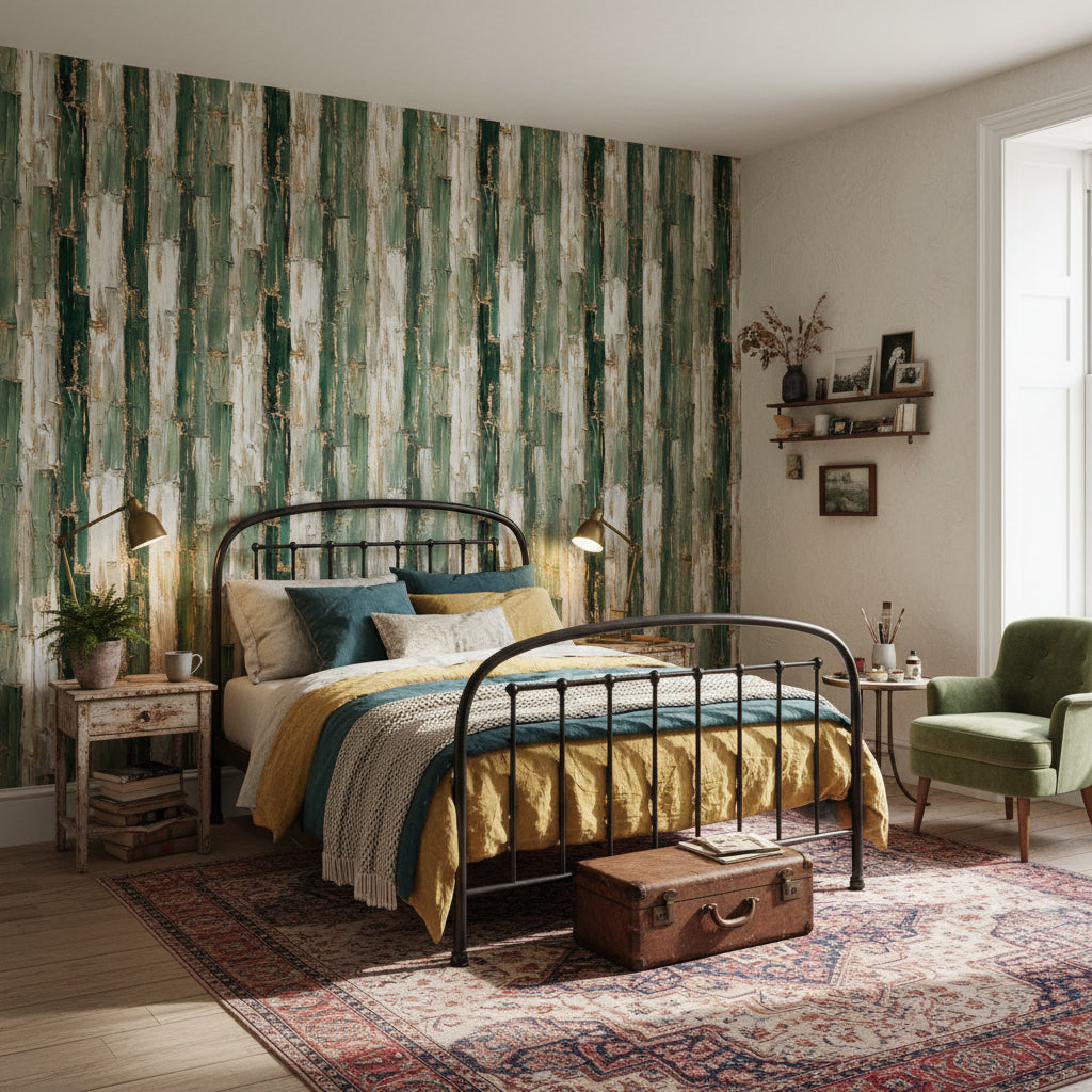 Rustic Green and Cream Brushstroke Wallpaper