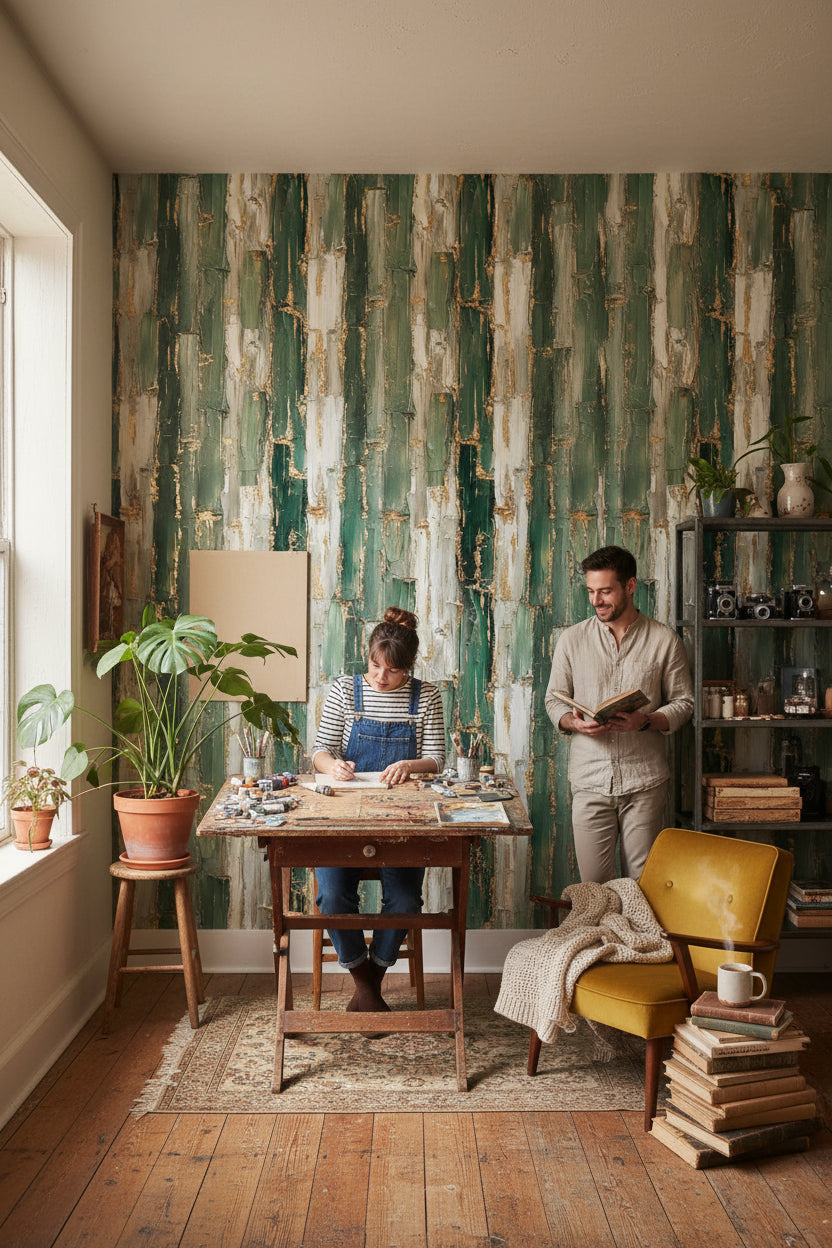 Rustic Green and Cream Brushstroke Wallpaper
