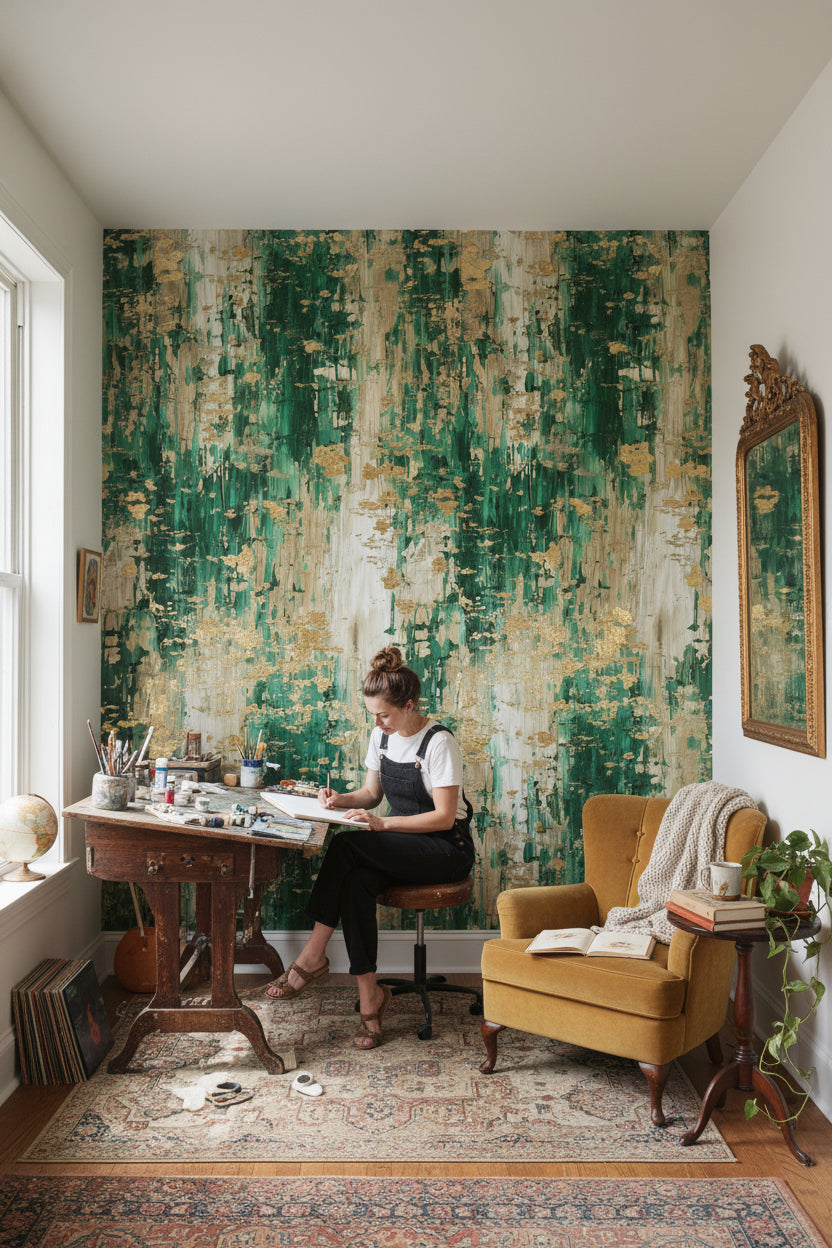 Emerald Green Textured Abstract Wallpaper