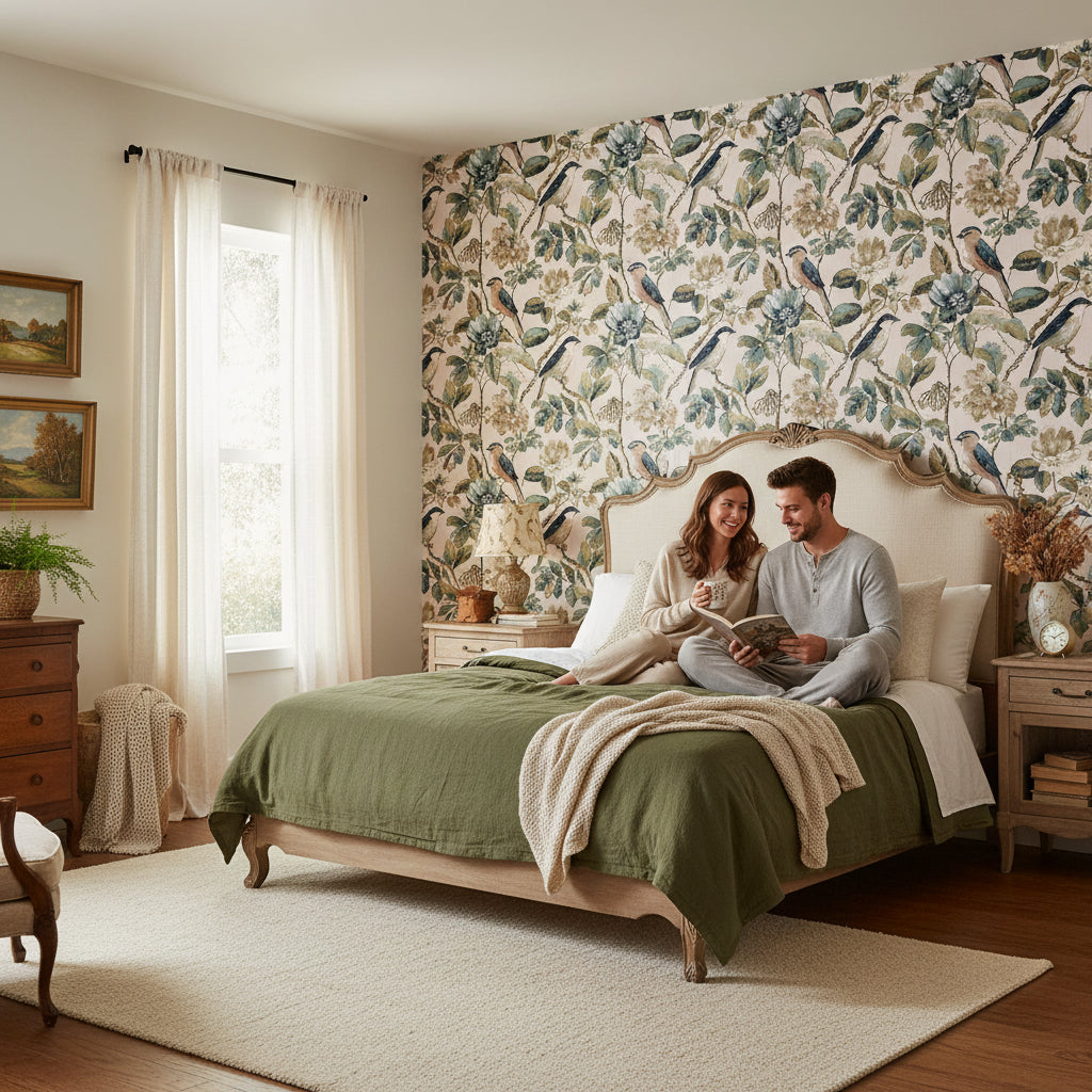Cream Vintage Birds and Floral Botanical Wallpaper