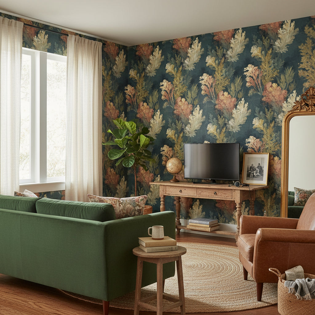 Navy Blue Abstract Botanical Leaves Wallpaper