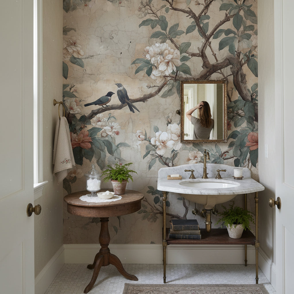 Vintage Birds Wallpaper Floral Traditional Wall Art
