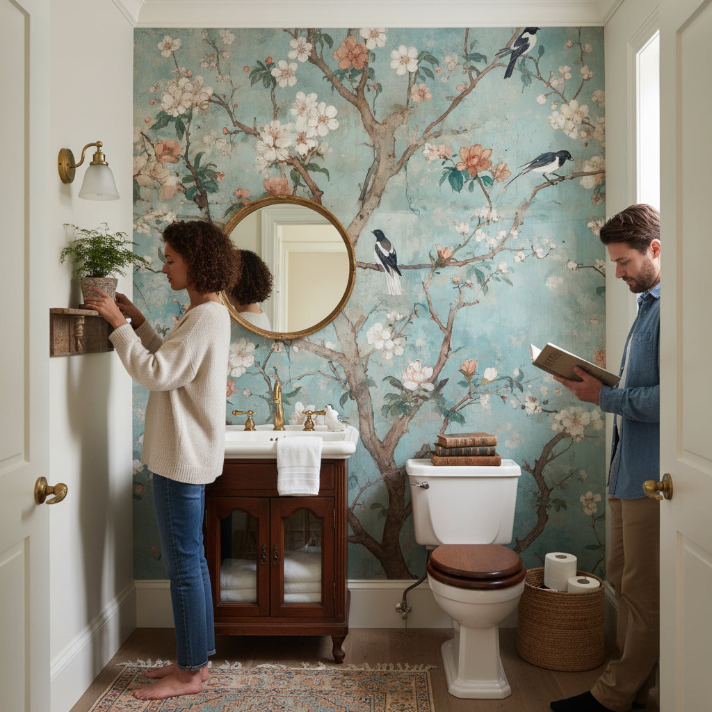 Vintage Birds Wallpaper Teal Floral Wall Mural