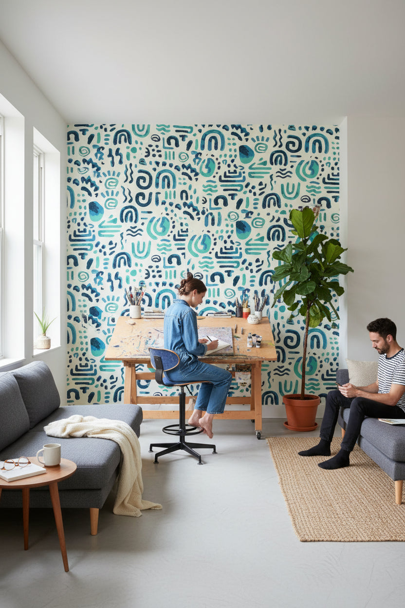 Abstract Geometric Wallpaper Modern Teal Decorative Mural