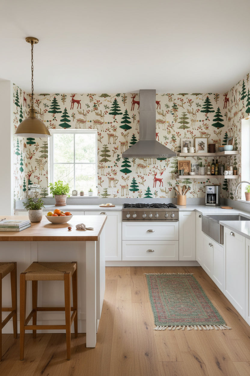 Beige Forest Deer Pattern Wallpaper