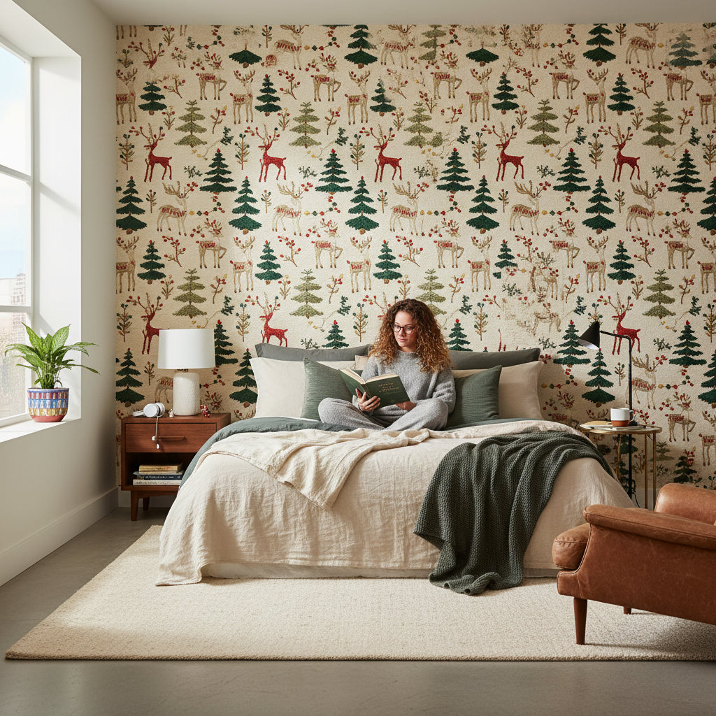 Beige Forest Deer Pattern Wallpaper