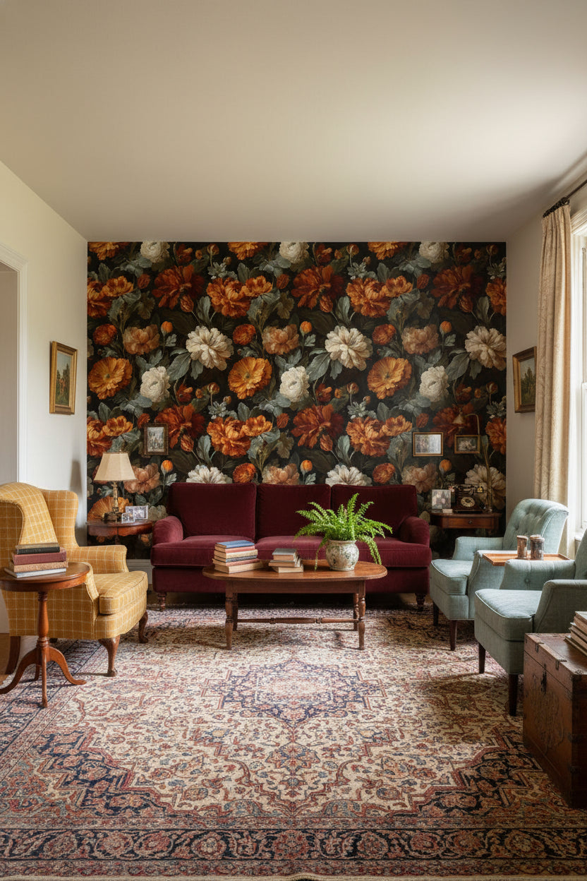 Dark Charcoal and Amber Large Floral Wallpaper