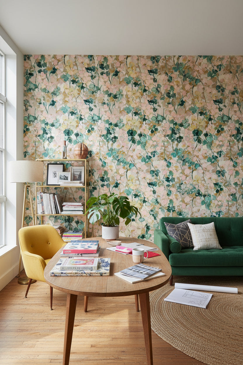 Cream and Green Wildflower Botanical Wallpaper