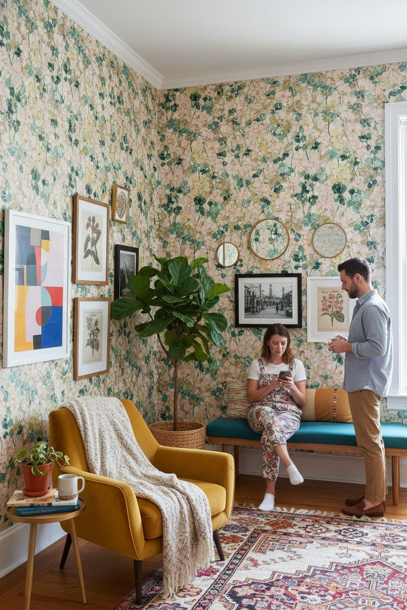 Cream and Green Wildflower Botanical Wallpaper