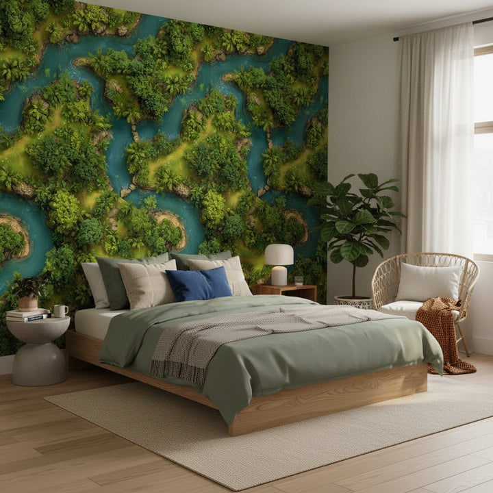 Lush Green Island River Landscape Wallpaper