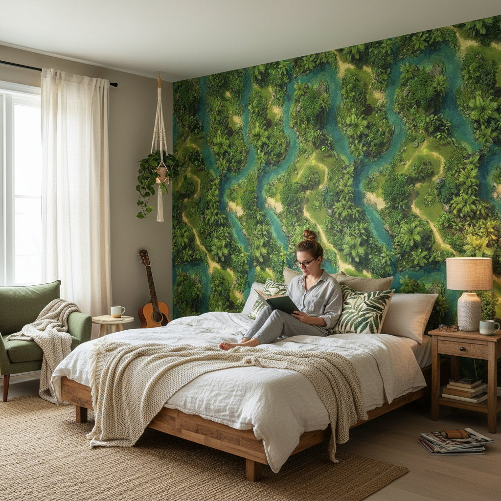 Vibrant Green Jungle River Landscape Wallpaper