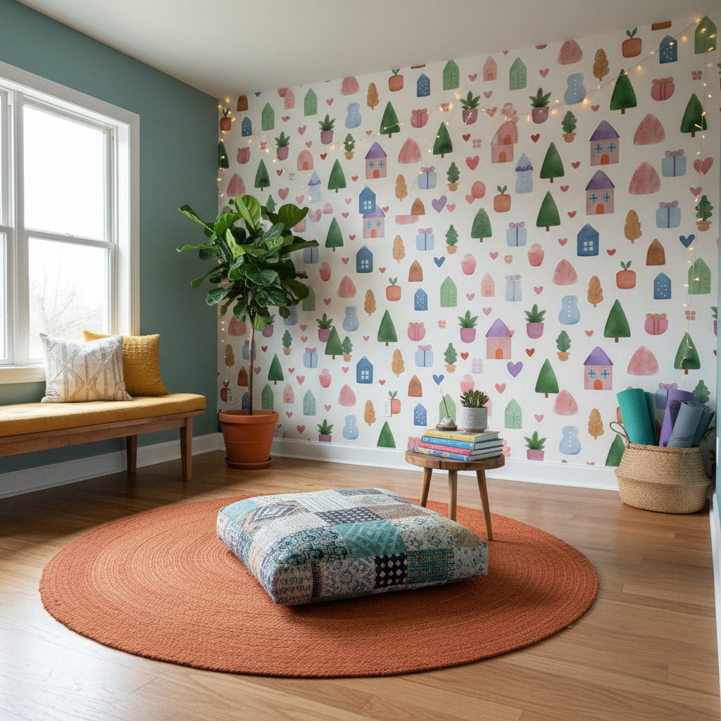 Whimsical Multicolor Kids Village Wallpaper