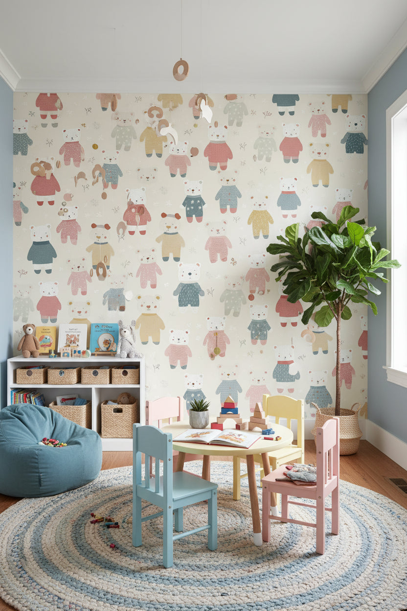 Cream Multicolor Teddy Bear Kids Wallpaper