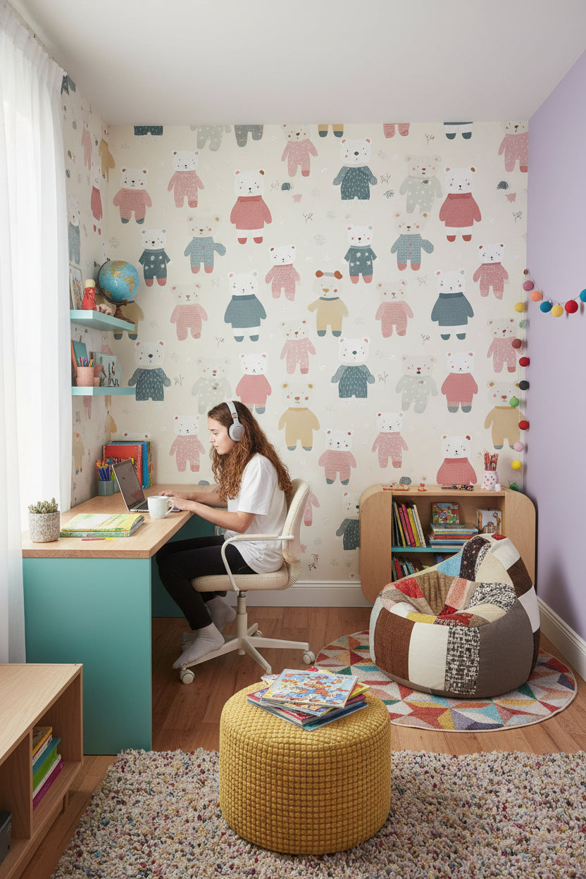 Cream Multicolor Teddy Bear Kids Wallpaper