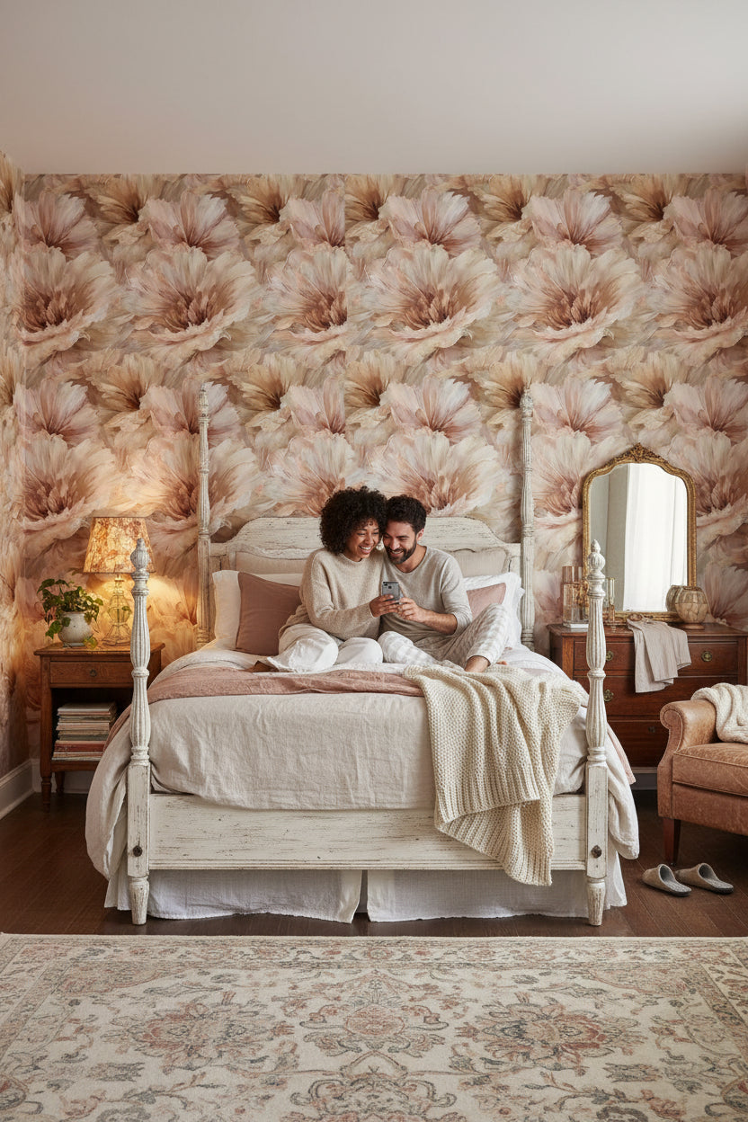 Floral Wallpaper Beige Elegant Removable Wall Decor