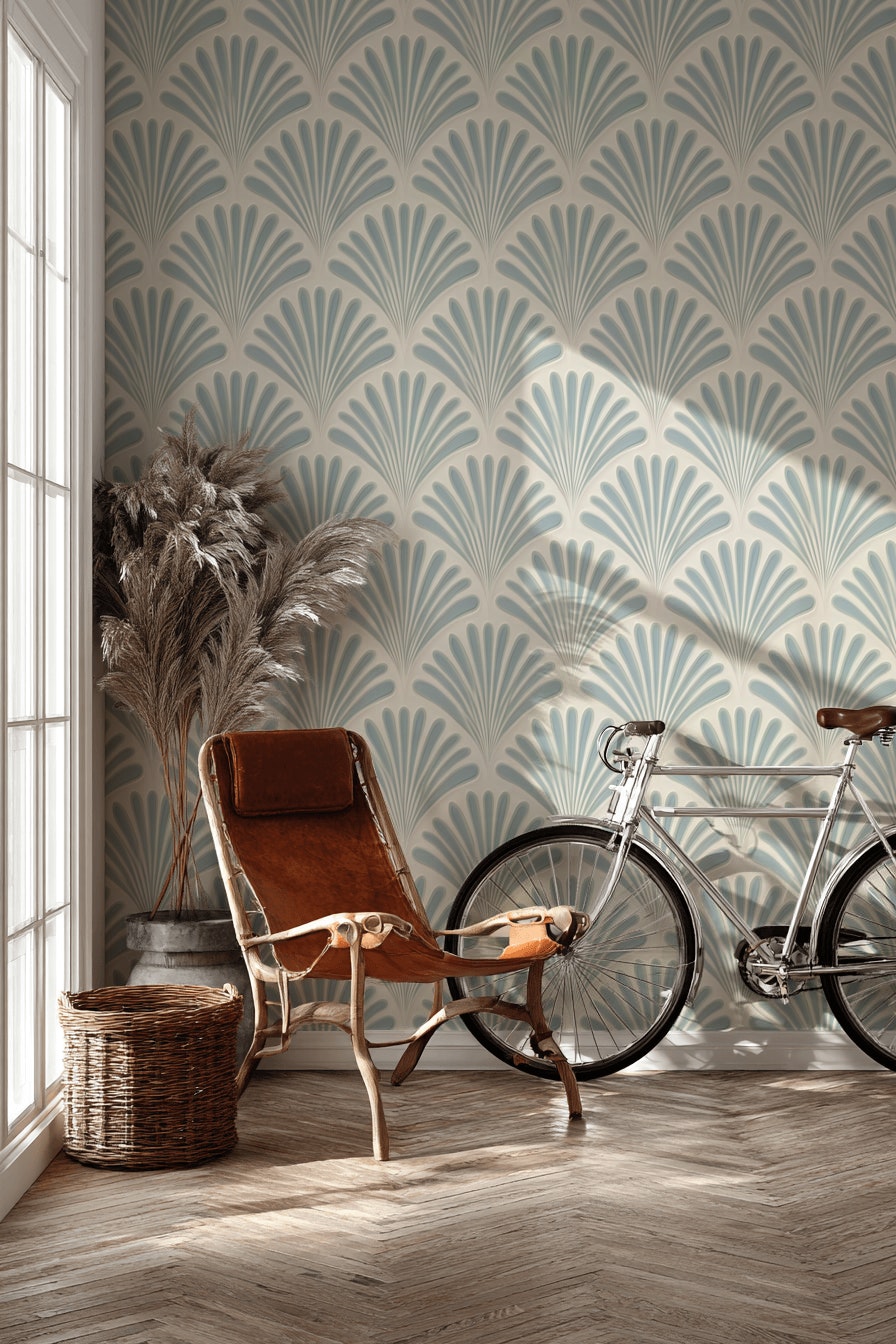 Beige and Blue Art Deco Geometric Wallpaper