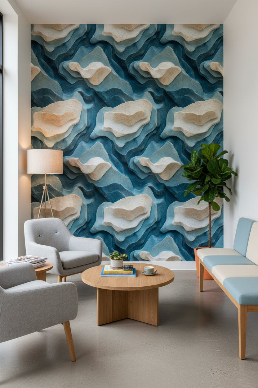 Layered Blue and Beige Abstract Pattern Wallpaper