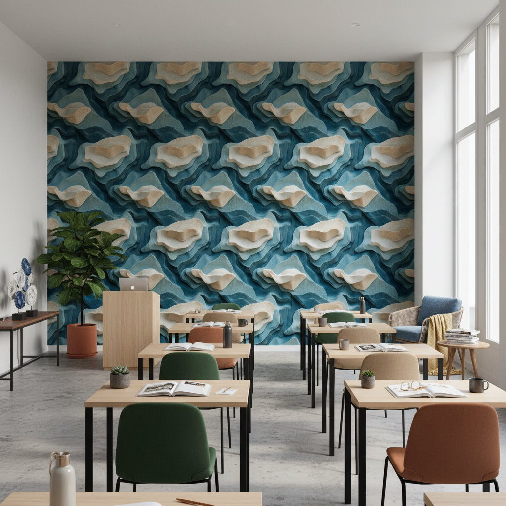 Layered Blue and Beige Abstract Pattern Wallpaper