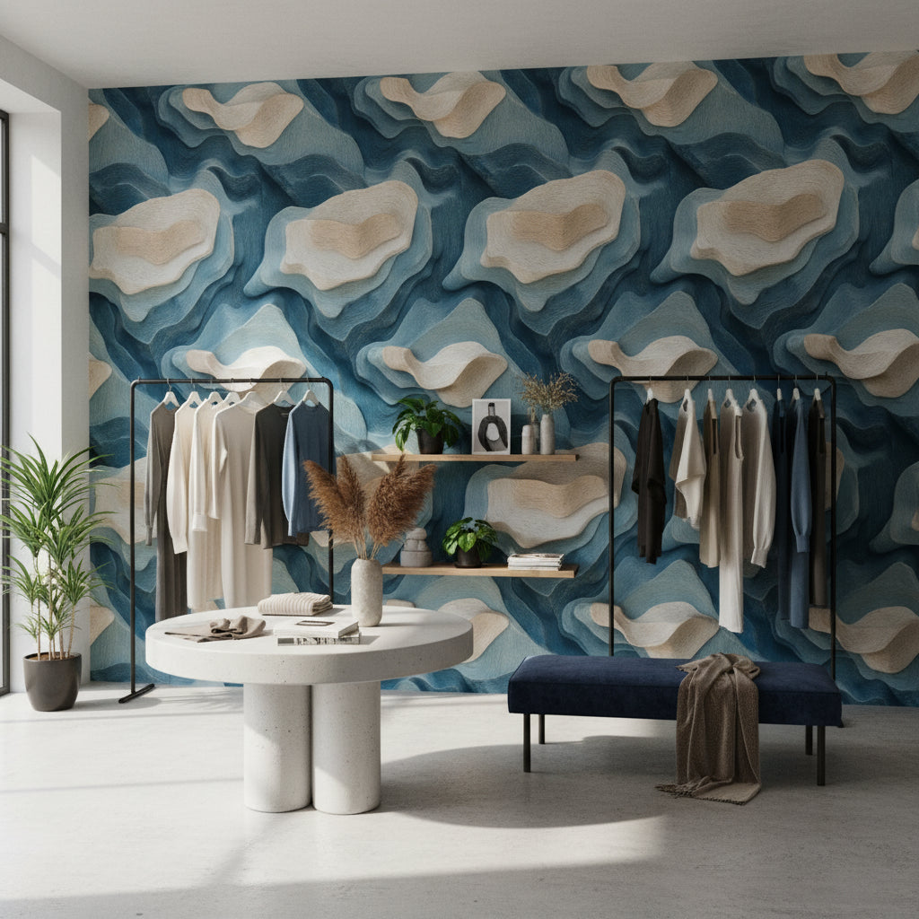 Layered Blue and Beige Abstract Pattern Wallpaper