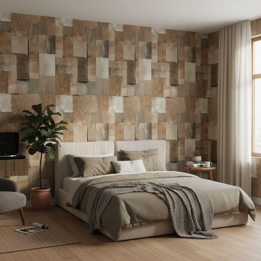 Warm Oak Textured Wood Panel Wallpaper