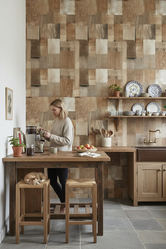 Warm Oak Textured Wood Panel Wallpaper