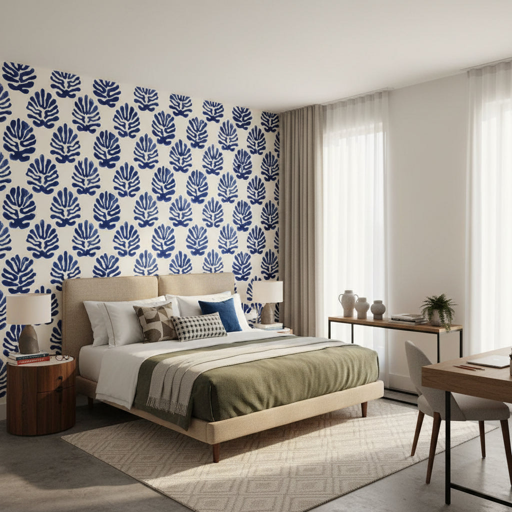 White and Blue Leaf Motif Botanical Wallpaper