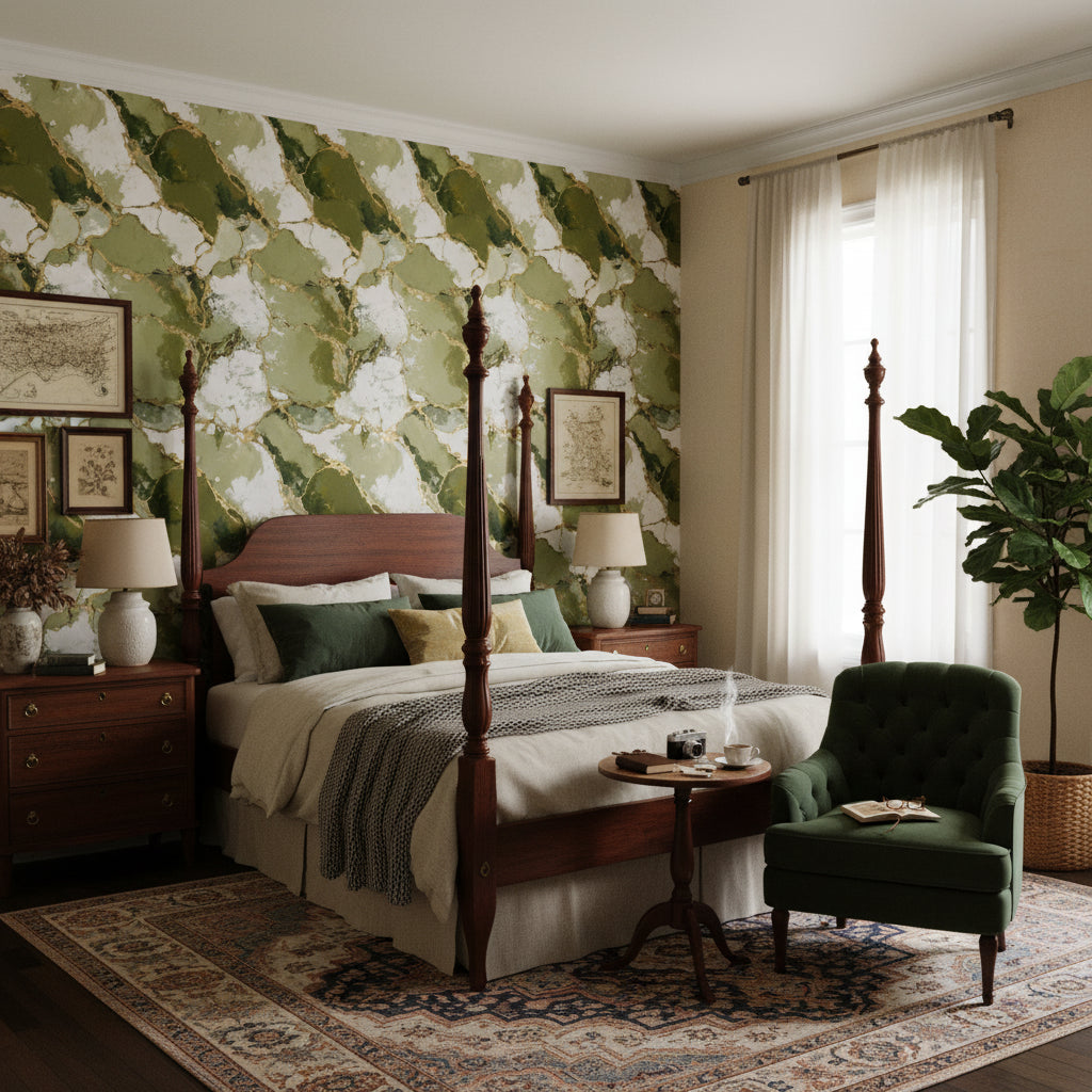 Green and White Abstract Marble Wallpaper