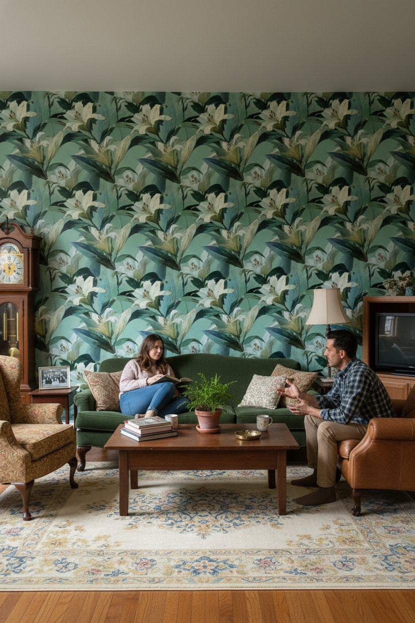 Muted Green Wallpaper Floral Natural Wall Decor