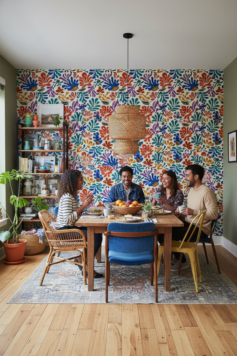 Vibrant Multicolor Tropical Floral Pattern Wallpaper