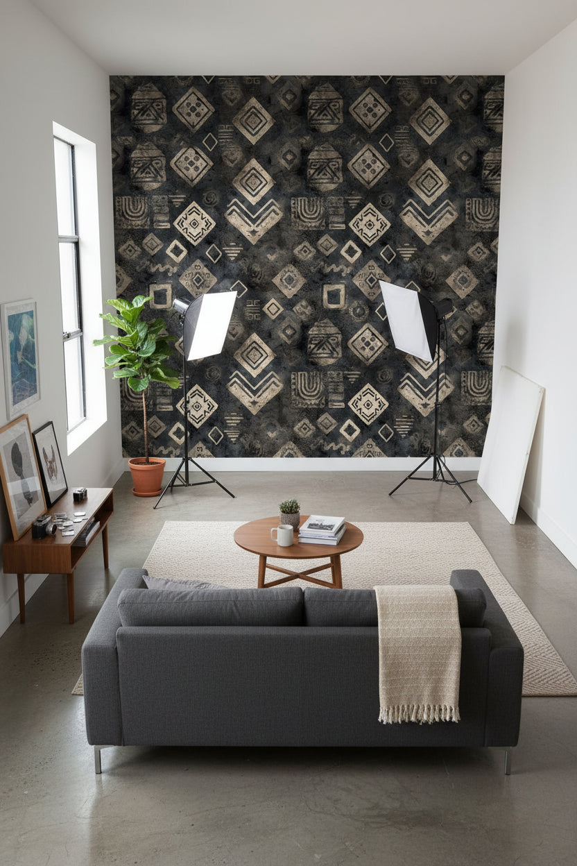 Black and Beige Tribal Geometric Wallpaper