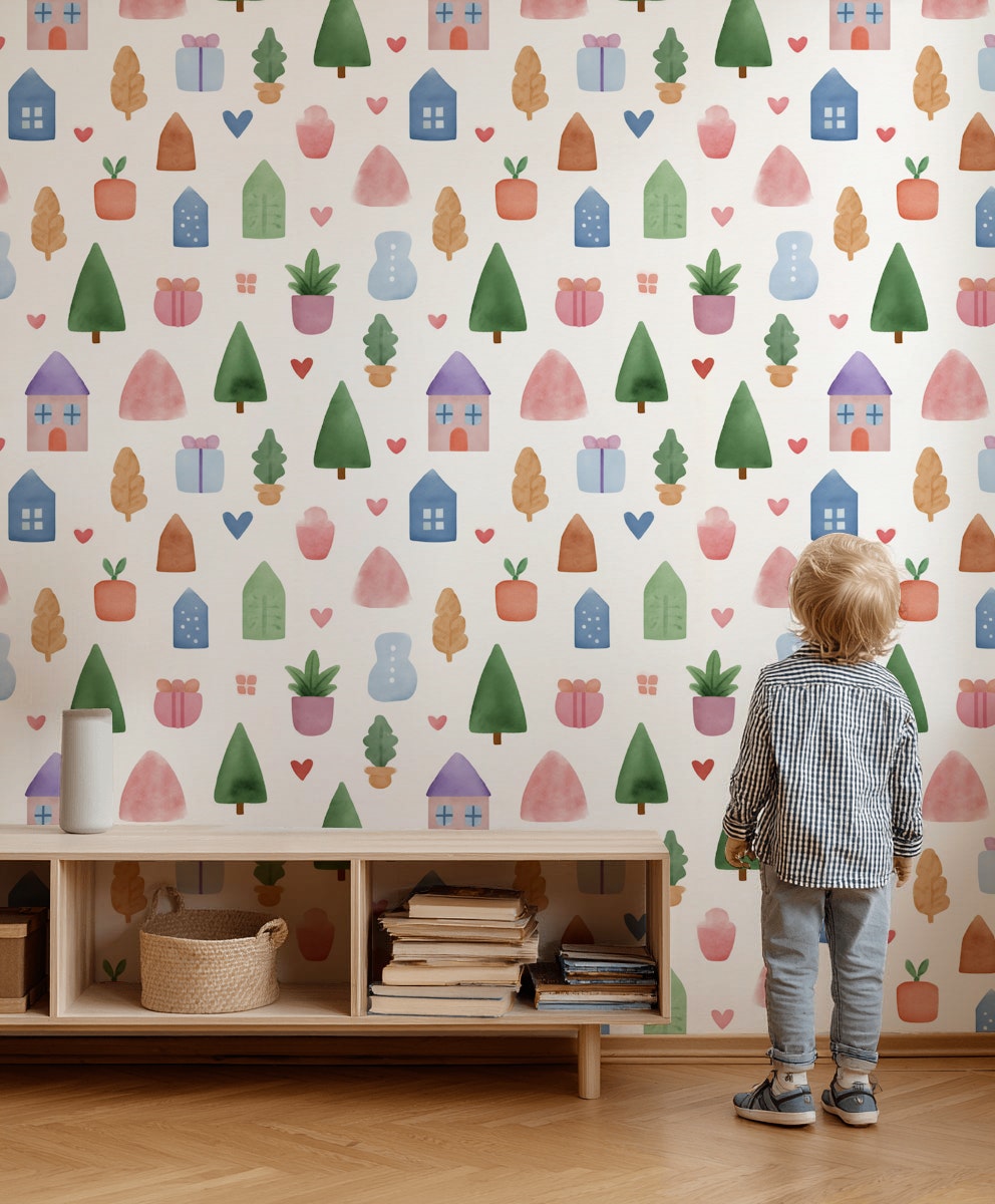 Whimsical Multicolor Kids Village Wallpaper