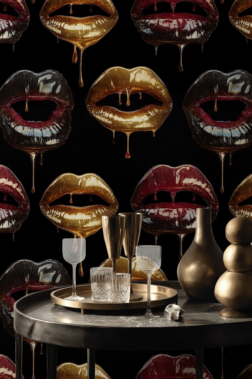 Lips Wallpaper Gold Dripping Mural Glossy Wall Decor