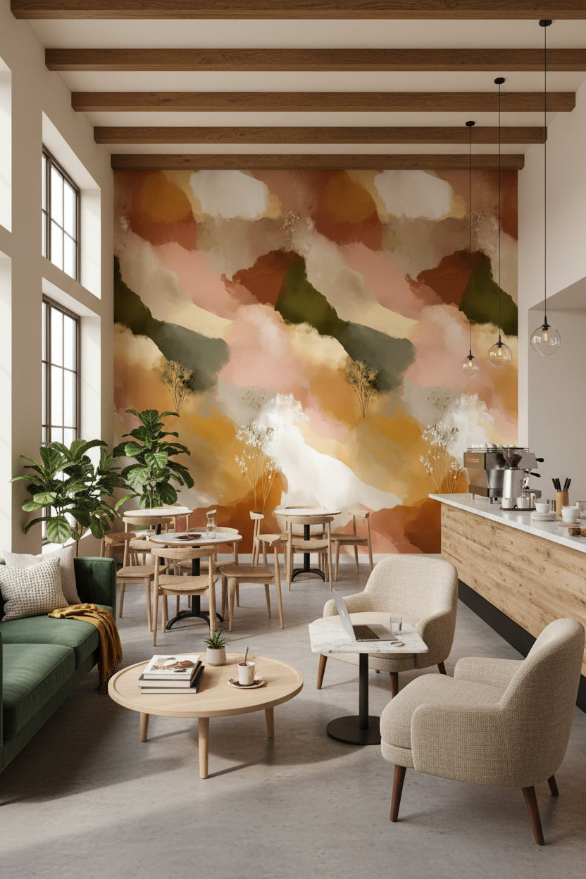 Cream and Olive Abstract Brushstroke Wallpaper