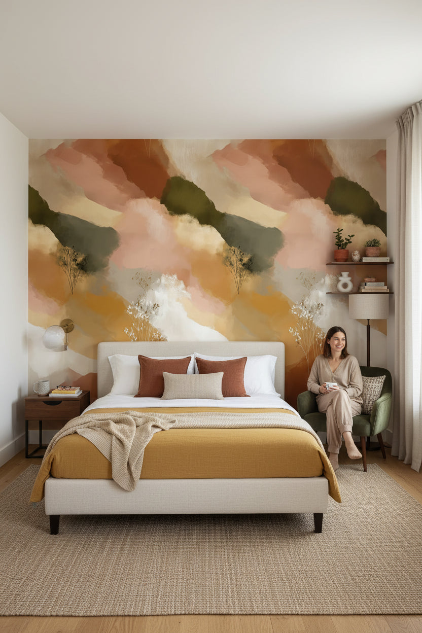 Cream and Olive Abstract Brushstroke Wallpaper