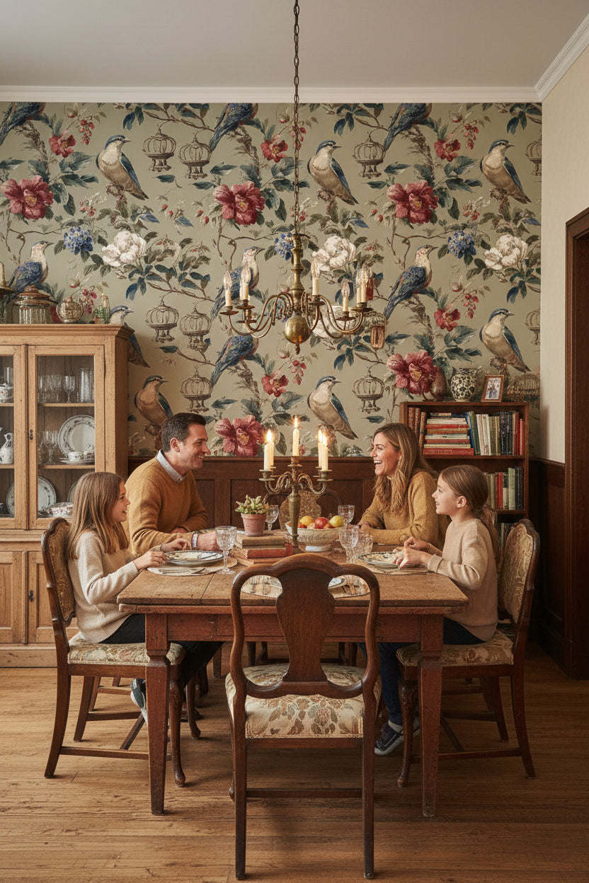 Vintage Beige Floral and Bird Pattern Wallpaper