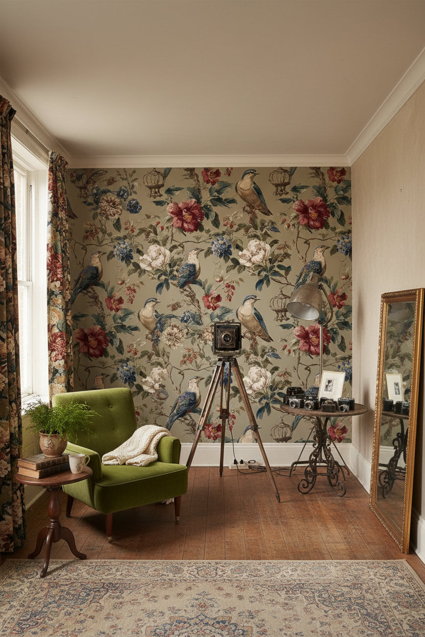Vintage Beige Floral and Bird Pattern Wallpaper