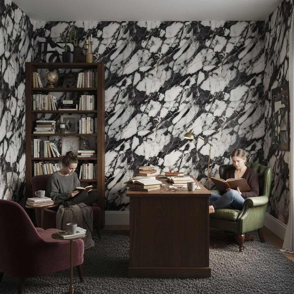 Black and Cream Abstract Marble Effect Wallpaper