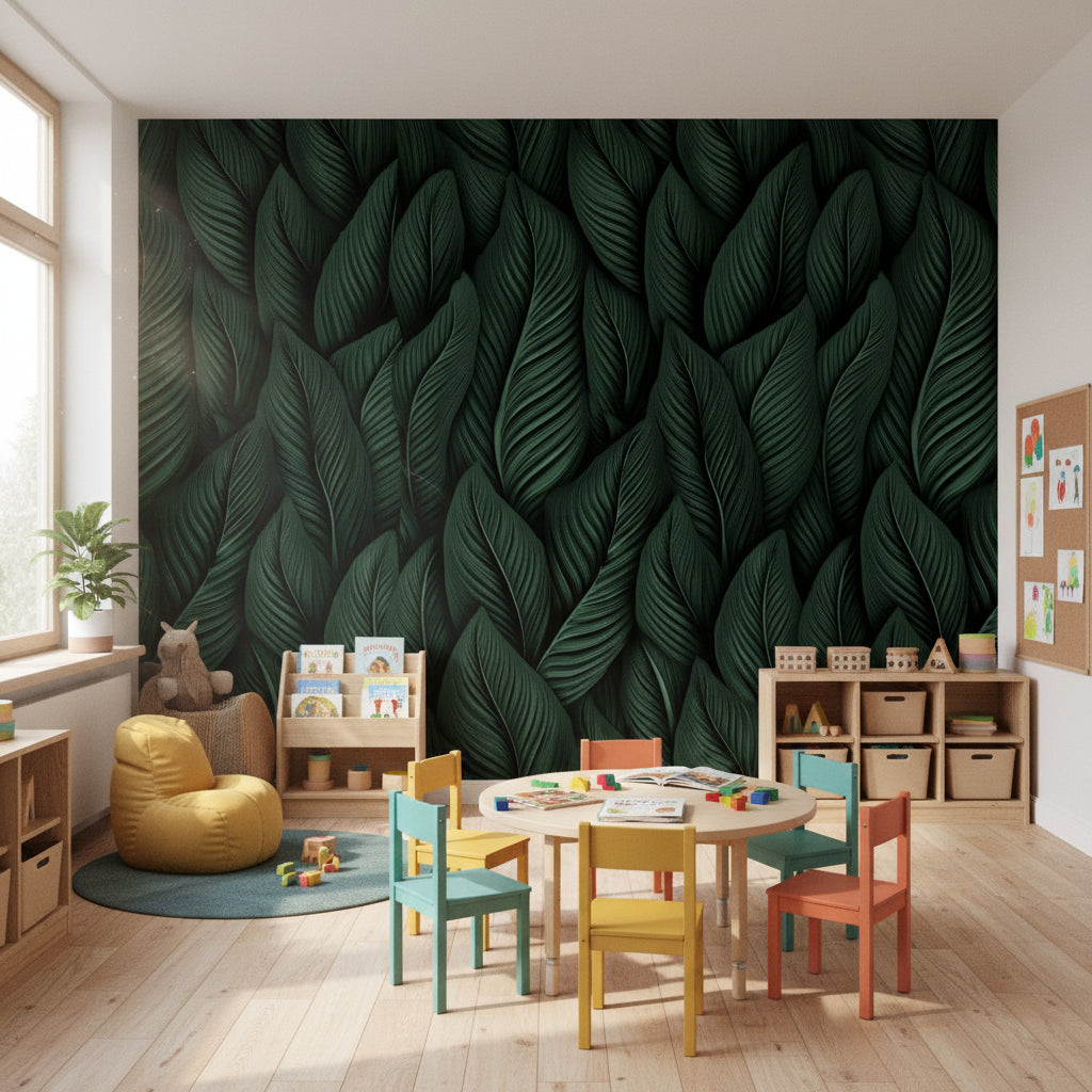 Deep Black and Green Leaf Botanical Wallpaper