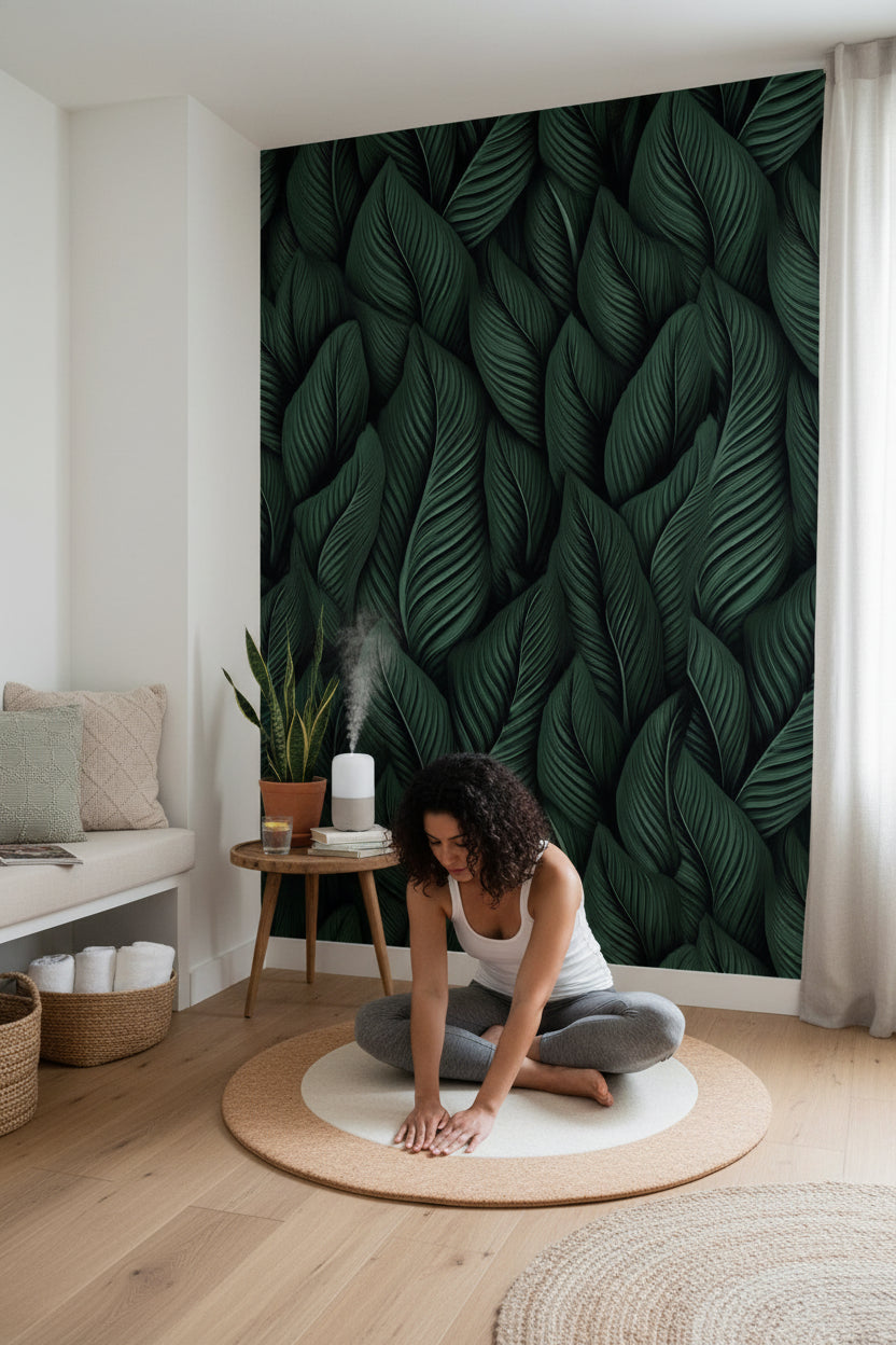 Deep Black and Green Leaf Botanical Wallpaper
