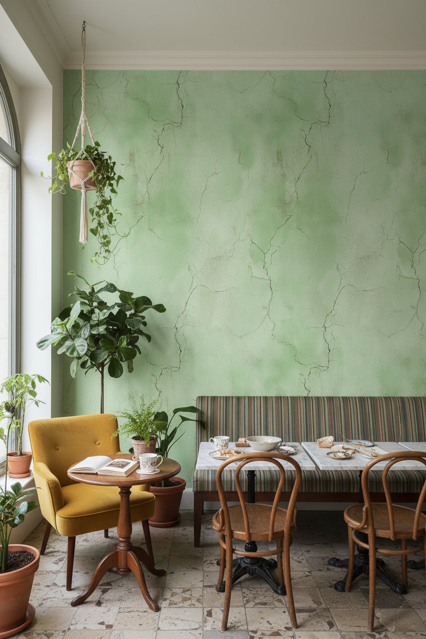 Sage Green Cracked Concrete Effect Wallpaper