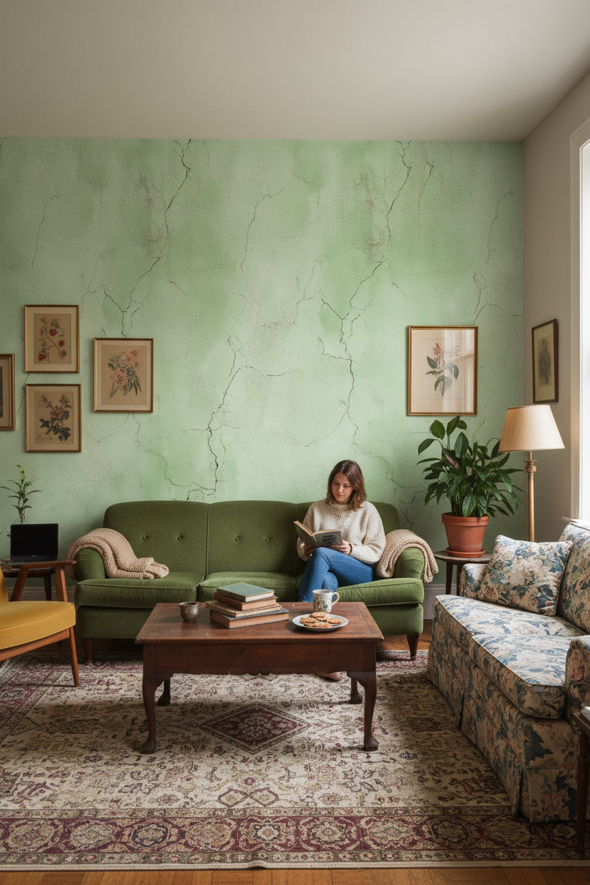 Sage Green Cracked Concrete Effect Wallpaper