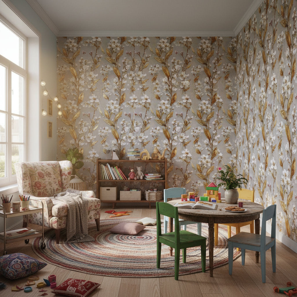 Warm Gray and Gold Look Floral Botanical Wallpaper