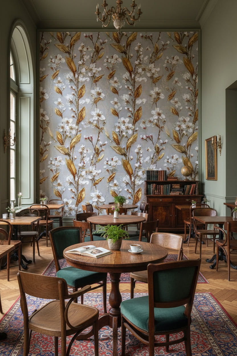 Warm Gray and Gold Look Floral Botanical Wallpaper