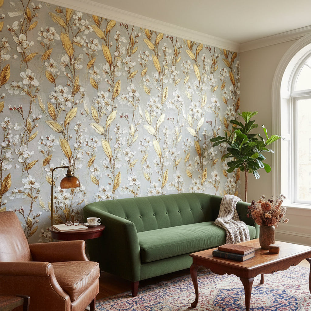 Warm Gray and Gold Look Floral Botanical Wallpaper