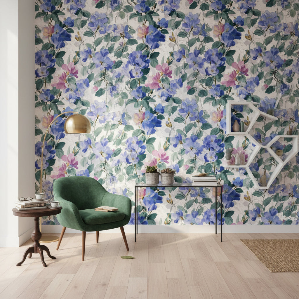 Bright Blue and Pink Large Floral Wallpaper