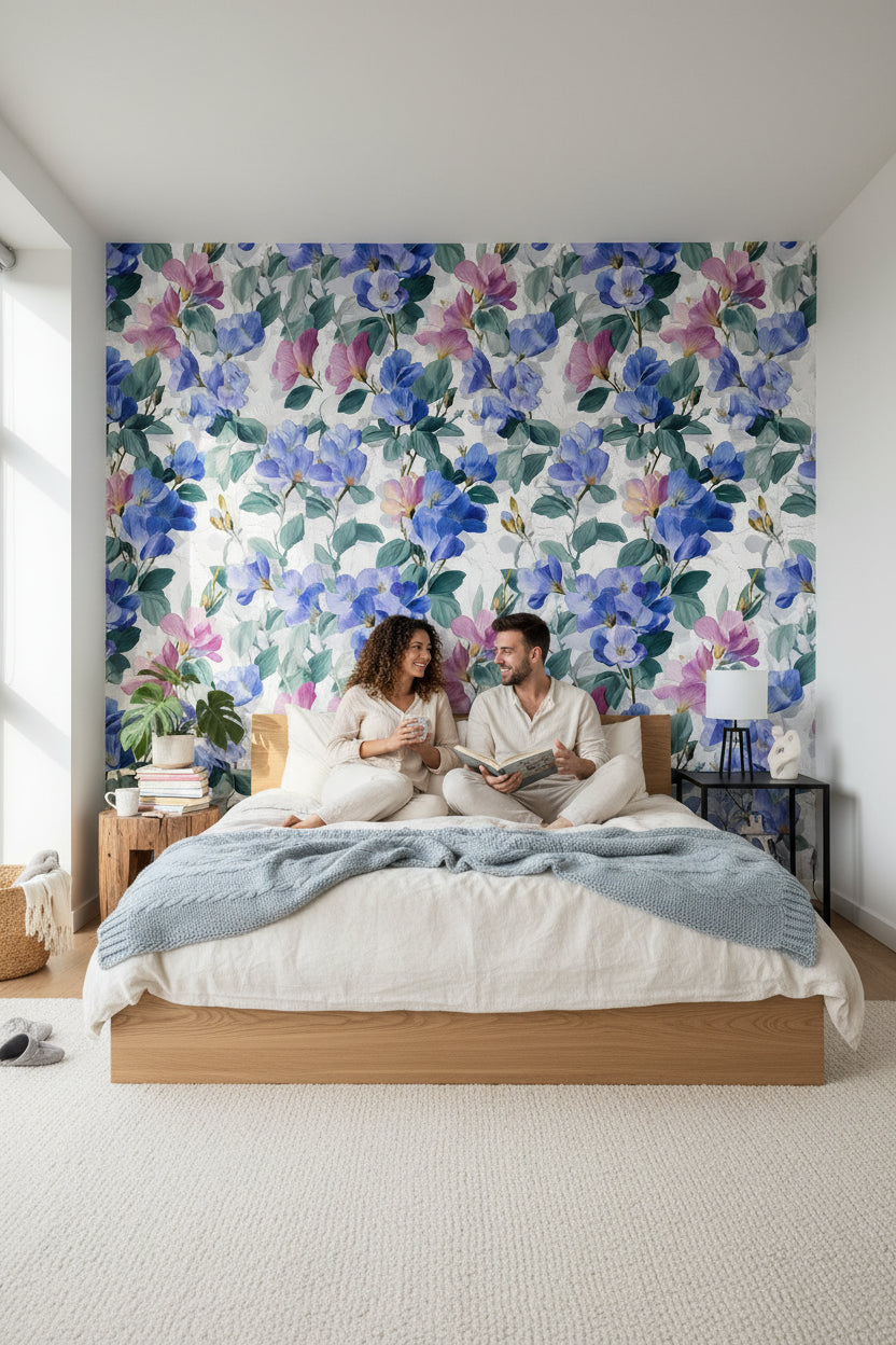 Bright Blue and Pink Large Floral Wallpaper