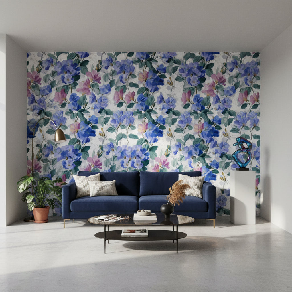 Bright Blue and Pink Large Floral Wallpaper