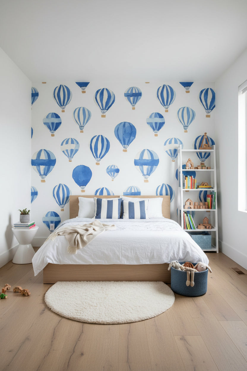 Soft Blue Hot Air Balloon Kids Wallpaper