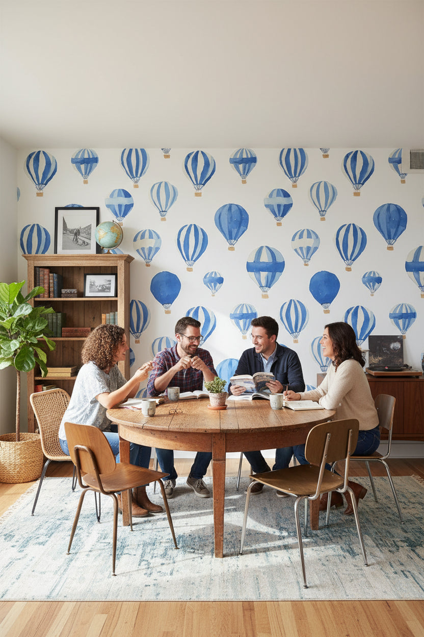 Soft Blue Hot Air Balloon Kids Wallpaper