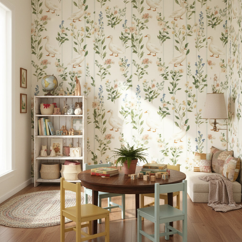 Cream Wildflower and Duck Floral Wallpaper